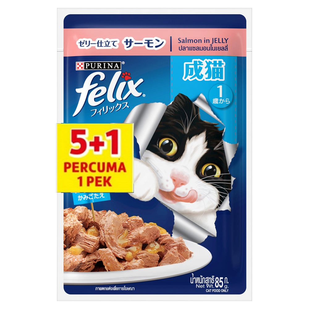 Felix Adult Salmon Pouch Wet Cat Food 85g x 5+1
