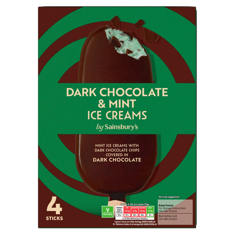 Sainsbury's Dark Chocolate and Mint Indulgence Ice Cream Sticks 110ml x 4